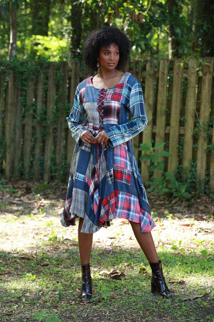 225743 | Sacred Threads Lace-Up Denim Plaid Patchwork Dress | Sizes S/M-L/XL